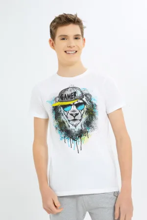 Senior Boys White Lion Face T-Shirt