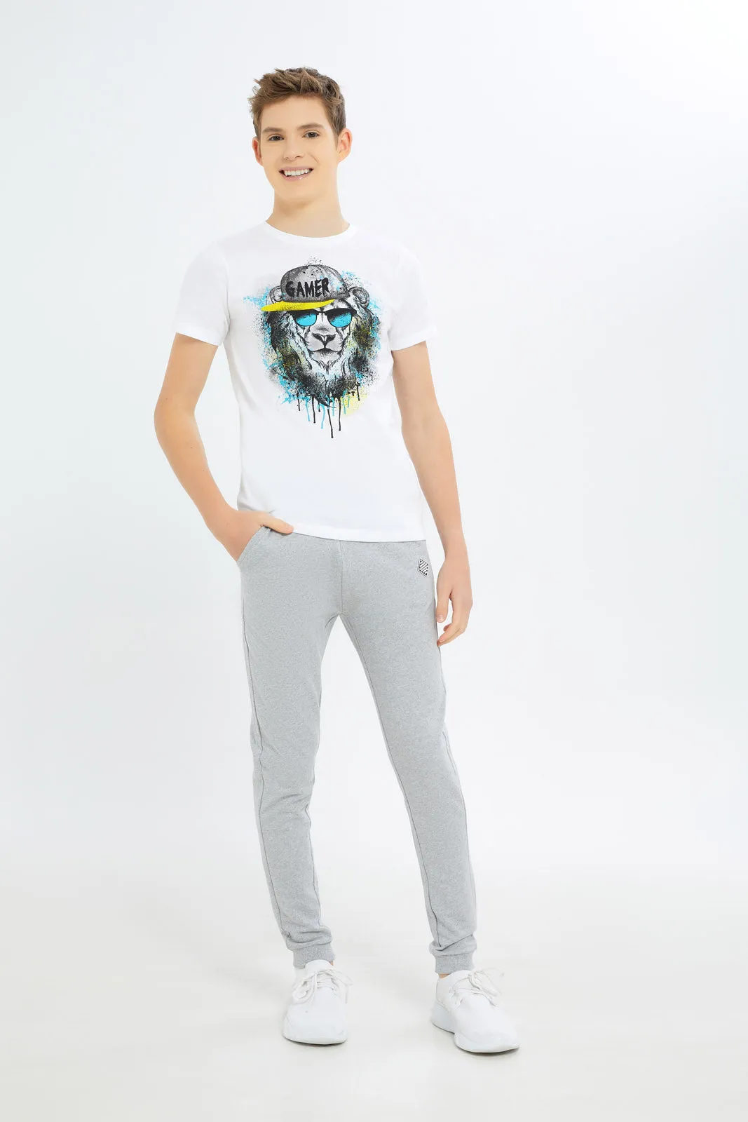 Senior Boys White Lion Face T-Shirt