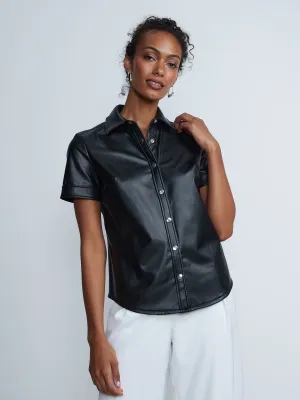 Short Sleeves Snap Button Vegan Leather Shirt