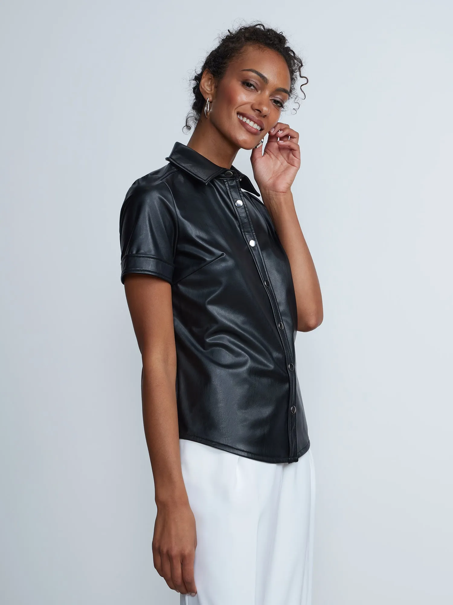 Short Sleeves Snap Button Vegan Leather Shirt