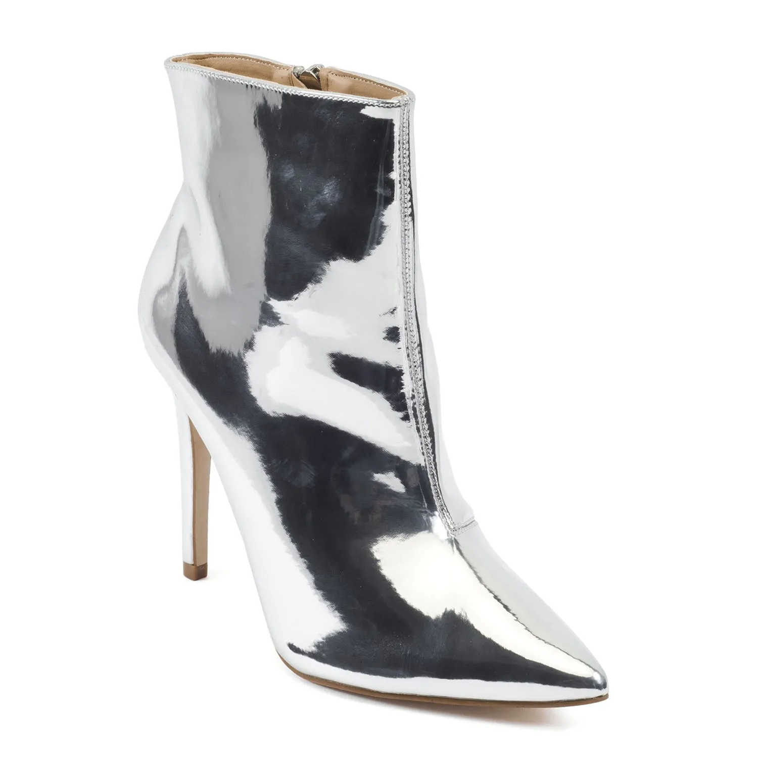 Silver Mirror Stilleto Pointed Toe Ankle Boots