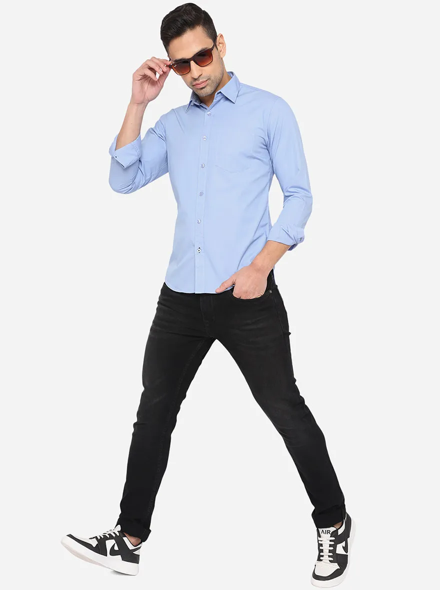 Sky Blue Solid Slim Fit Semi Casual Shirt | Greenfibre