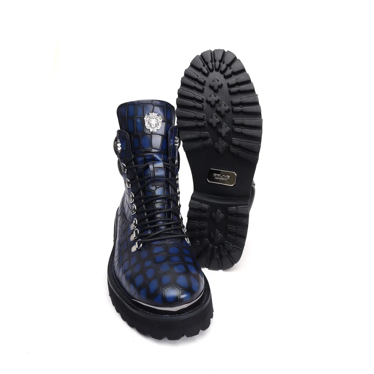 Smokey Blue Chunky Boots With Croco Textured Leather