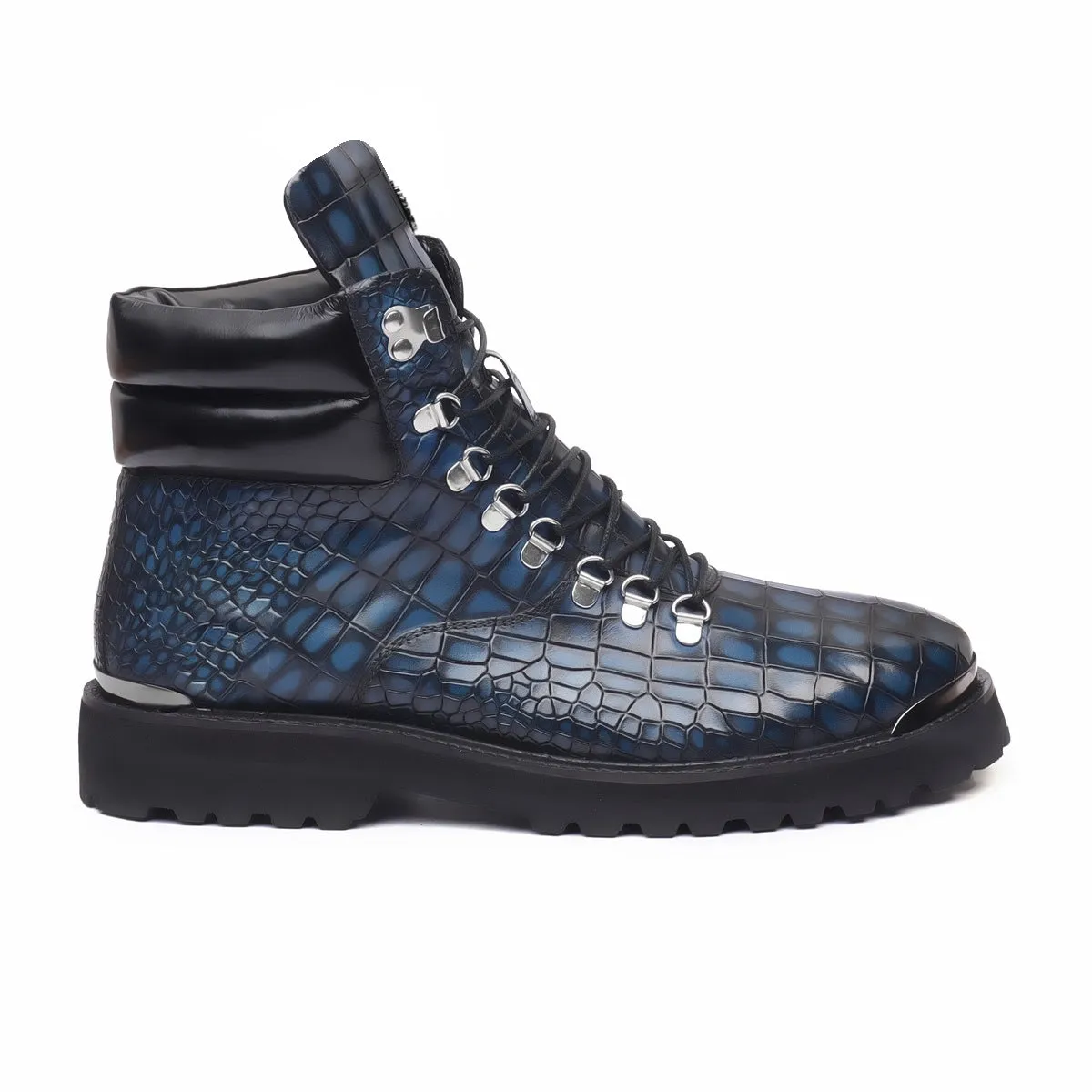 Smokey Blue Chunky Boots With Croco Textured Leather