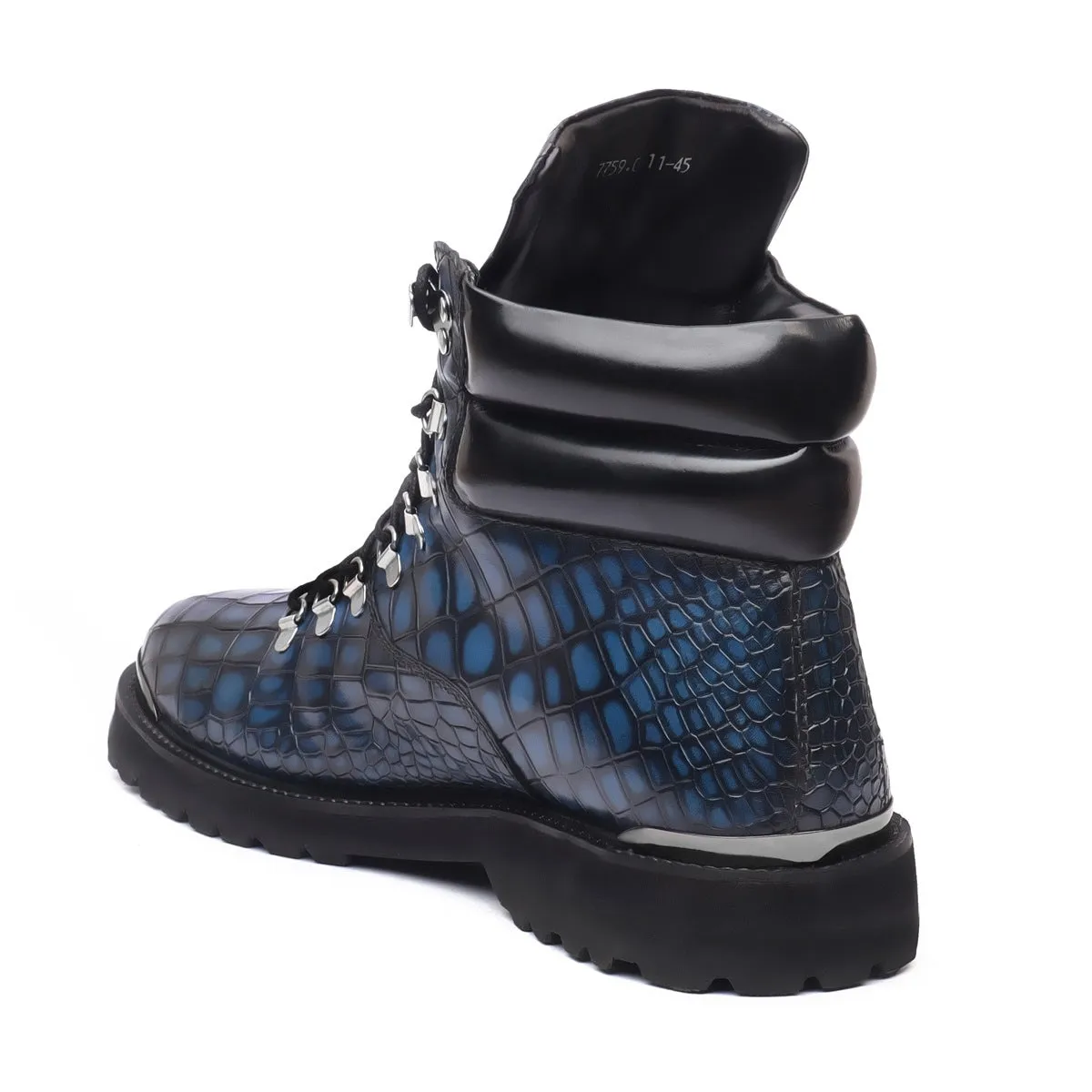 Smokey Blue Chunky Boots With Croco Textured Leather