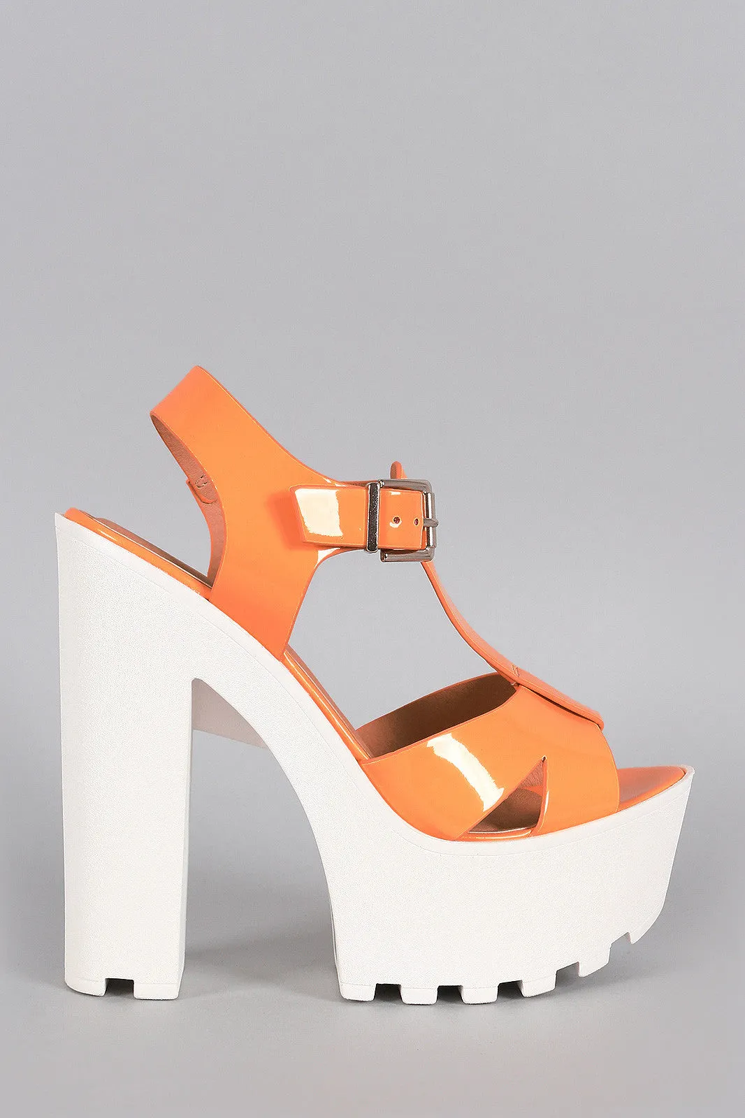 Soda Patent T-Strap Lug Sole Platform Heel