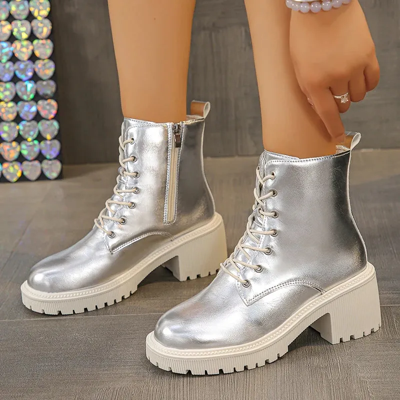 Sohiwoo Gold Silver Platform Ankle Boots for Women Punk Lace Up Thick Heels Combat Boots Woman Zipper Chunky Short Booties Mujer