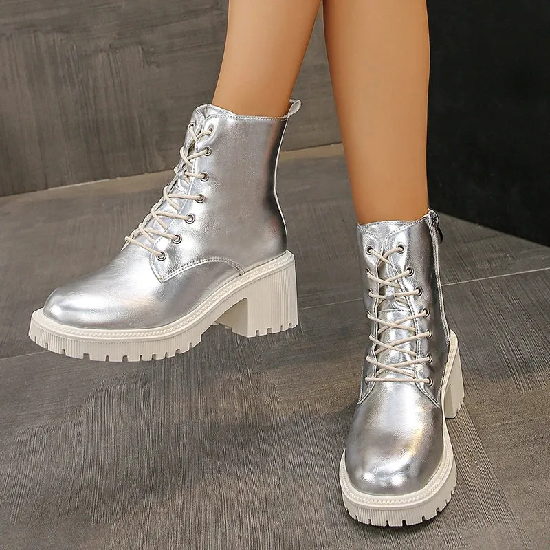 Sohiwoo Gold Silver Platform Ankle Boots for Women Punk Lace Up Thick Heels Combat Boots Woman Zipper Chunky Short Booties Mujer