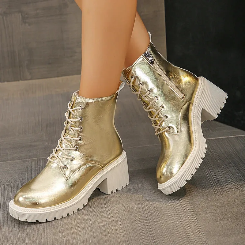 Sohiwoo Gold Silver Platform Ankle Boots for Women Punk Lace Up Thick Heels Combat Boots Woman Zipper Chunky Short Booties Mujer