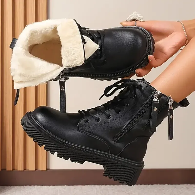 Sohiwoo Winter Warm Short Plush Ankle Boots Women Fashion Double Zip Platform Combat Boots Woman Comfy Lace Up Pu Leather Botas Mujer