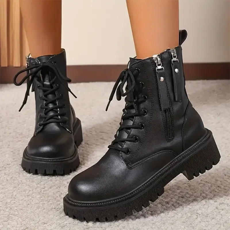 Sohiwoo Winter Warm Short Plush Ankle Boots Women Fashion Double Zip Platform Combat Boots Woman Comfy Lace Up Pu Leather Botas Mujer