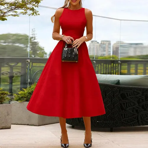 Solid Color High Waist Midi Dress