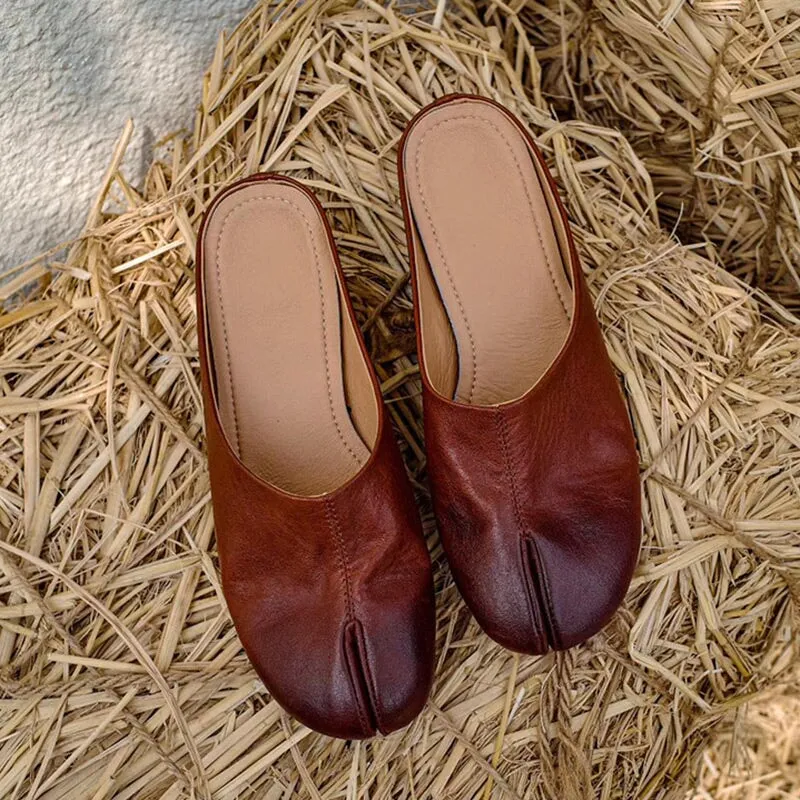 Split Toe Leather Mules Summer Slippers Handmade in Black/Brown