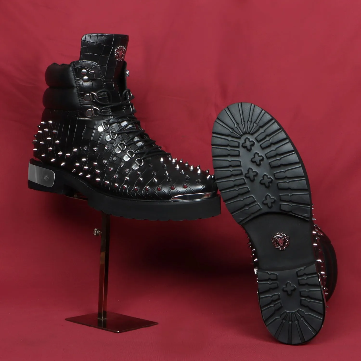 Studded Black Chunky Boots With Silver Metal Plate Deep Cut Zipper Closure