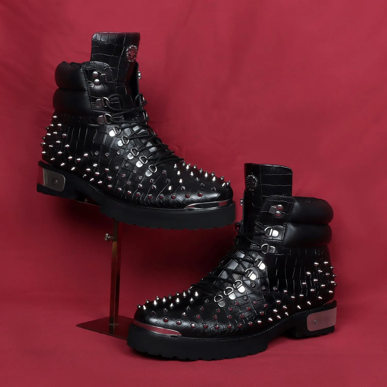 Studded Black Chunky Boots With Silver Metal Plate Deep Cut Zipper Closure