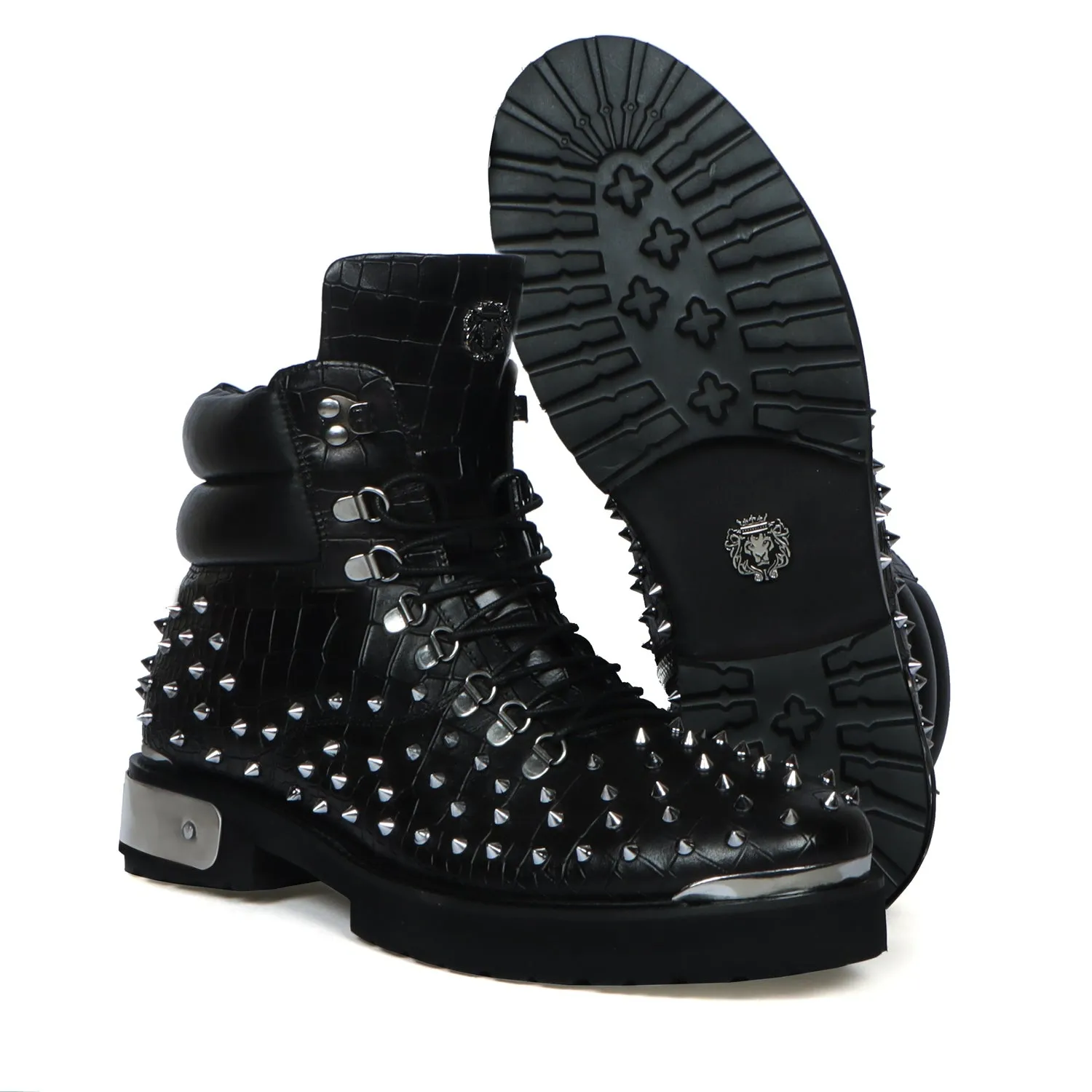 Studded Black Chunky Boots With Silver Metal Plate Deep Cut Zipper Closure