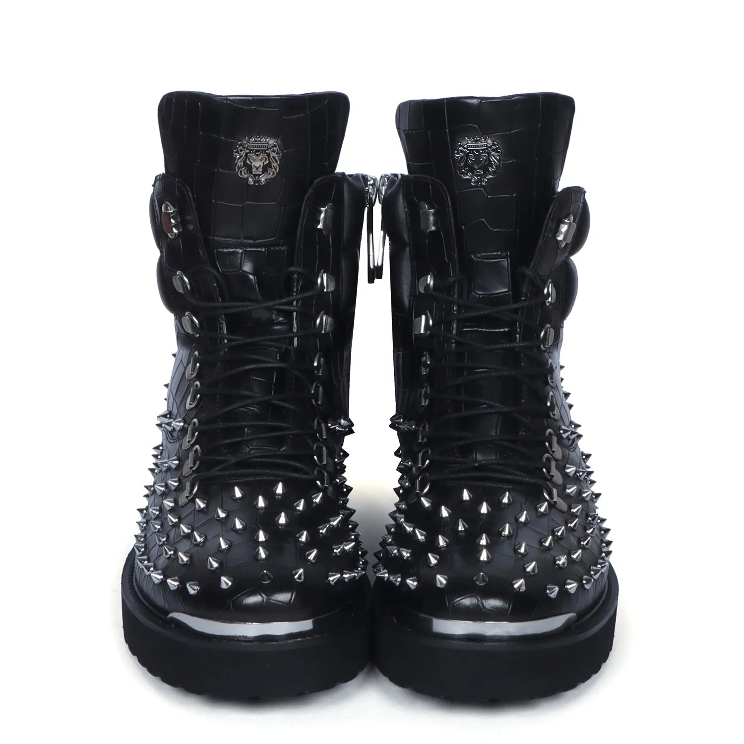 Studded Black Chunky Boots With Silver Metal Plate Deep Cut Zipper Closure