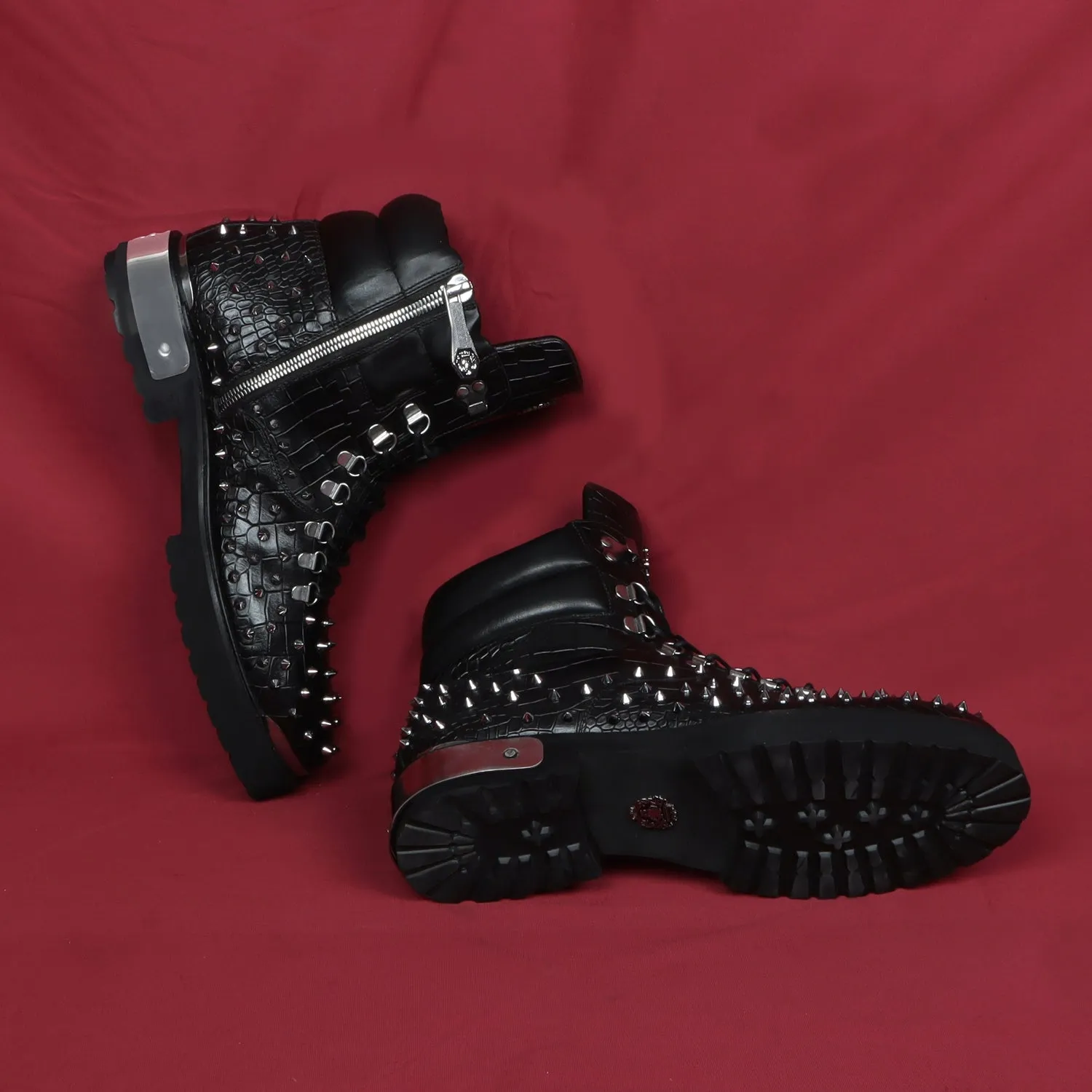 Studded Black Chunky Boots With Silver Metal Plate Deep Cut Zipper Closure