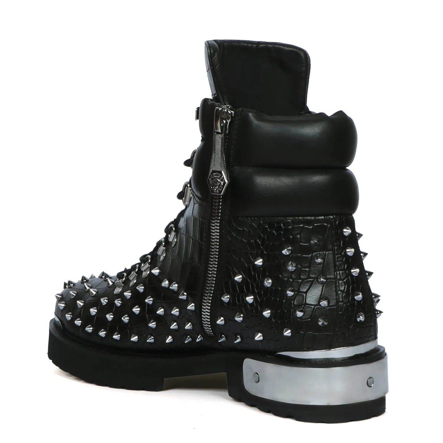 Studded Black Chunky Boots With Silver Metal Plate Deep Cut Zipper Closure