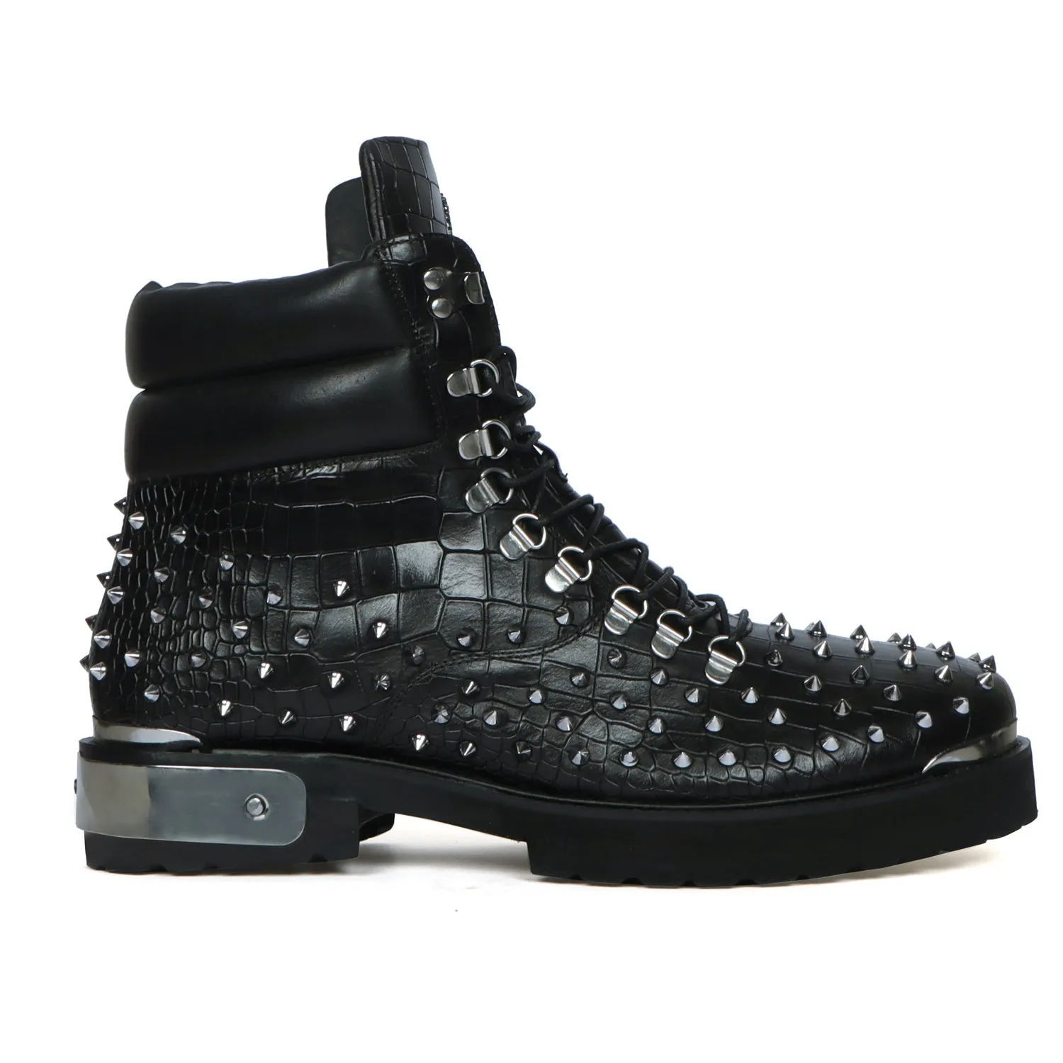 Studded Black Chunky Boots With Silver Metal Plate Deep Cut Zipper Closure