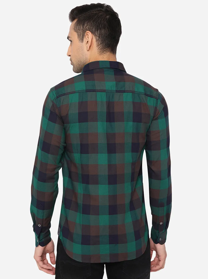 Teal Green Checked Slim Fit Semi Casual Shirt | JadeBlue