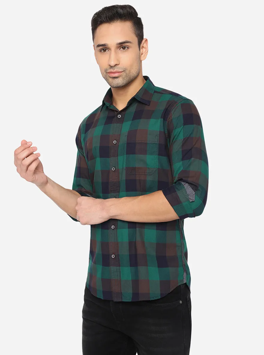 Teal Green Checked Slim Fit Semi Casual Shirt | JadeBlue