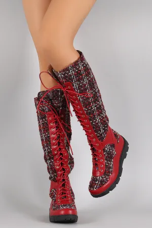 Tweed Combat Lace Up Knee High Boots