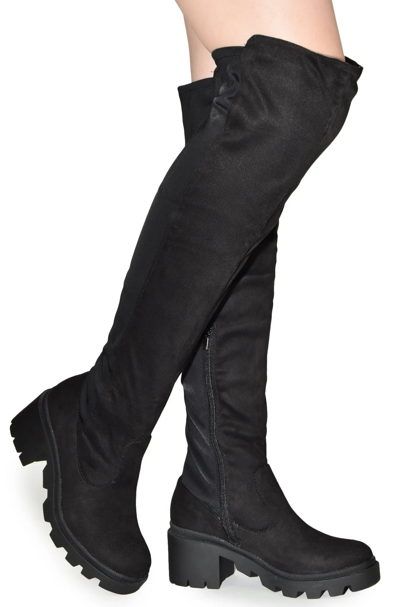 VIVICA-08 Faux Suede Lycra Over The Knee High Lug Sole Chunky Heel Boots