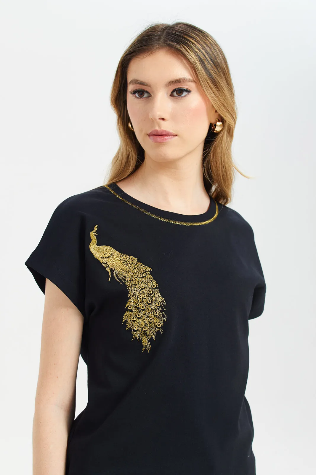 Women Black Embroidered T-Shirt