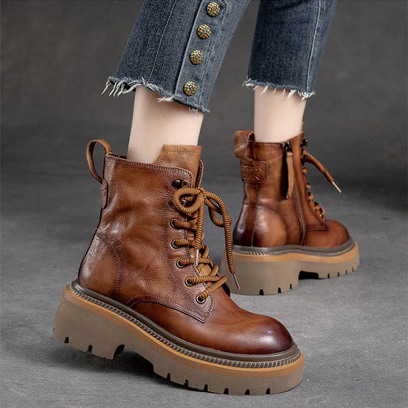 Women Classic Leather Thick Soled Combat Boots