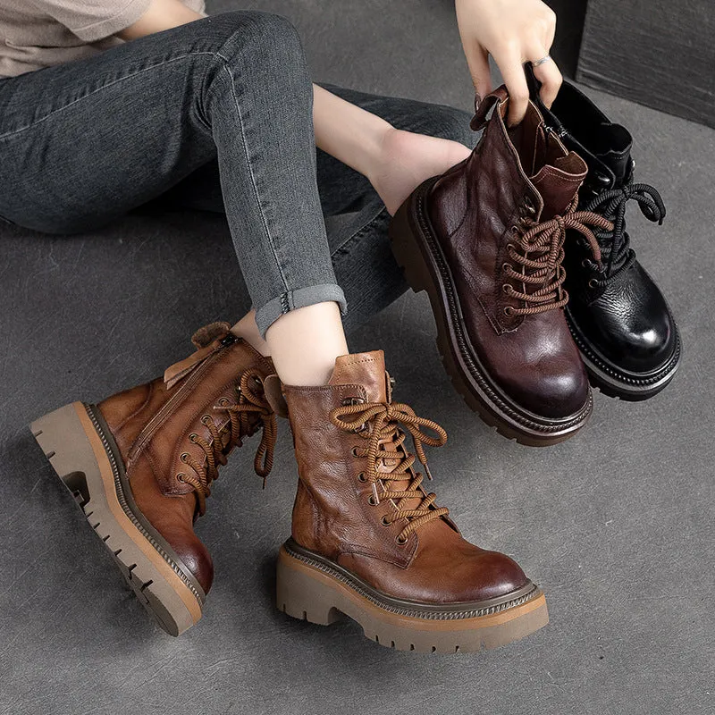 Women Classic Leather Thick Soled Combat Boots