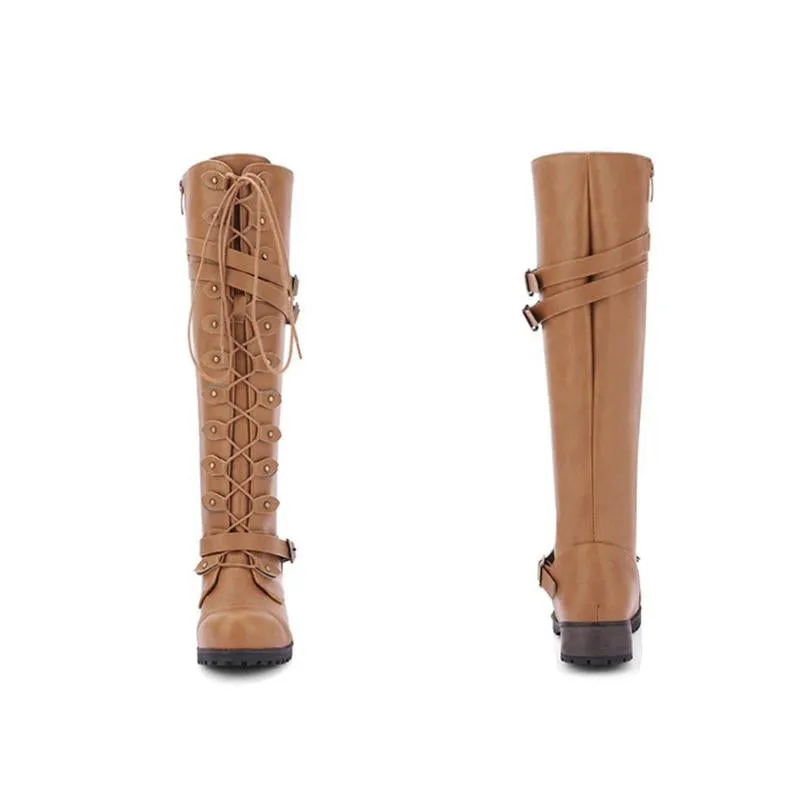 Women Combat Boots Rivet Buckle Strap Knee High Boots