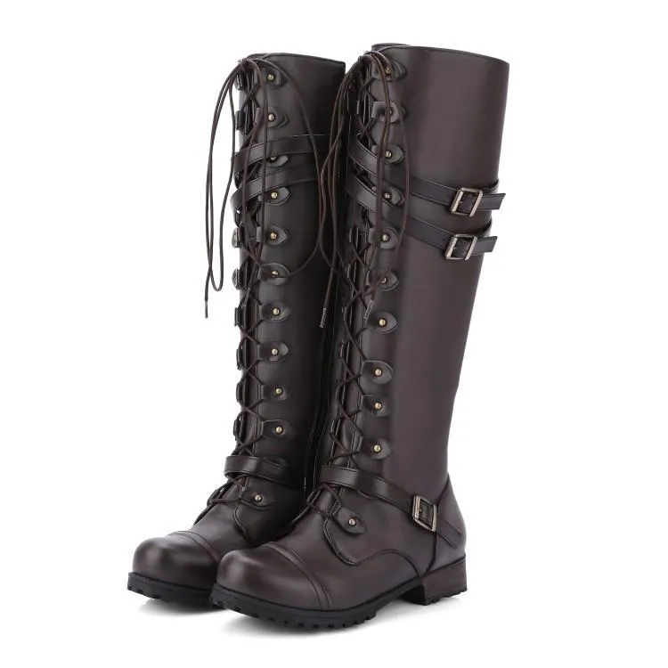 Women Combat Boots Rivet Buckle Strap Knee High Boots