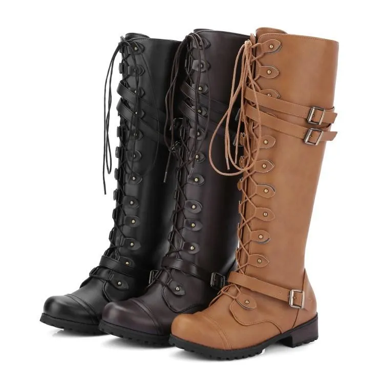 Women Combat Boots Rivet Buckle Strap Knee High Boots