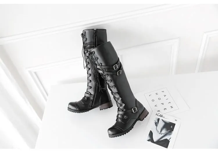 Women Combat Boots Rivet Buckle Strap Knee High Boots