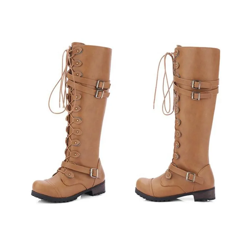 Women Combat Boots Rivet Buckle Strap Knee High Boots