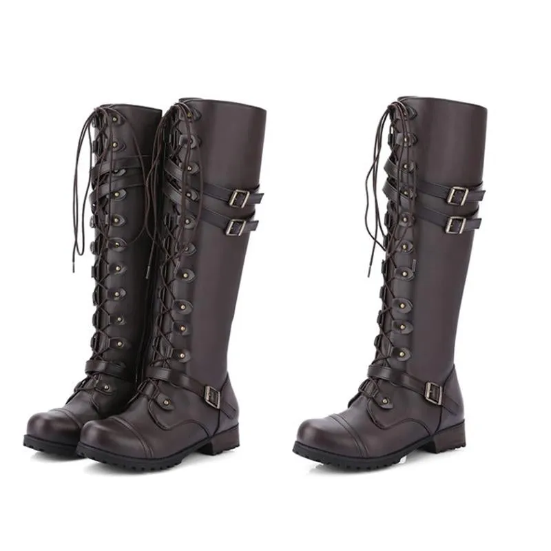 Women Combat Boots Rivet Buckle Strap Knee High Boots