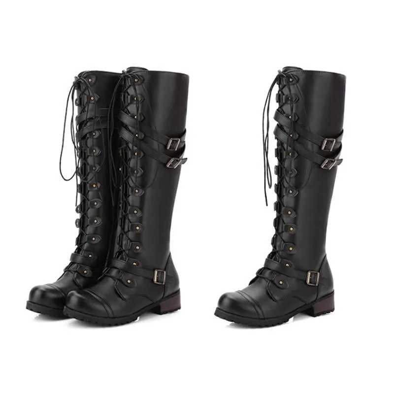 Women Combat Boots Rivet Buckle Strap Knee High Boots