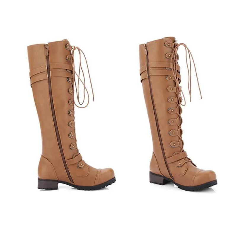 Women Combat Boots Rivet Buckle Strap Knee High Boots