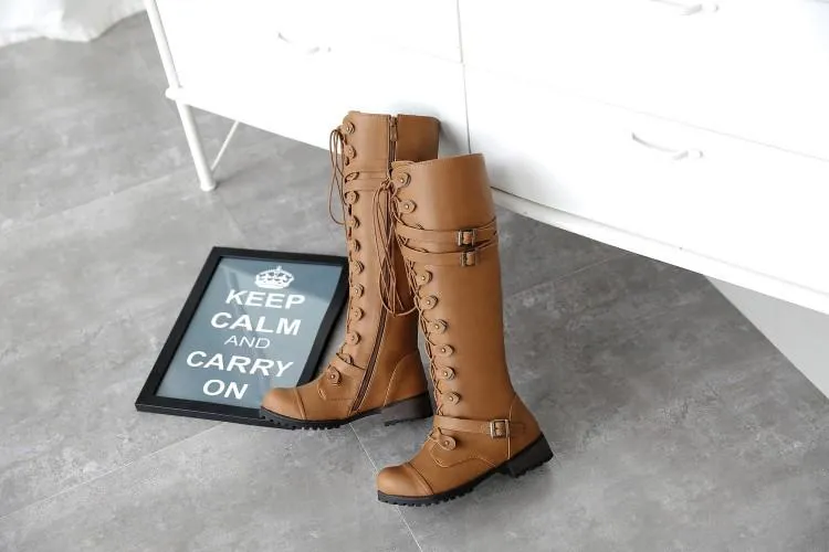 Women Combat Boots Rivet Buckle Strap Knee High Boots