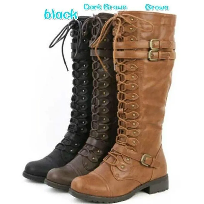 Women Combat Boots Rivet Buckle Strap Knee High Boots