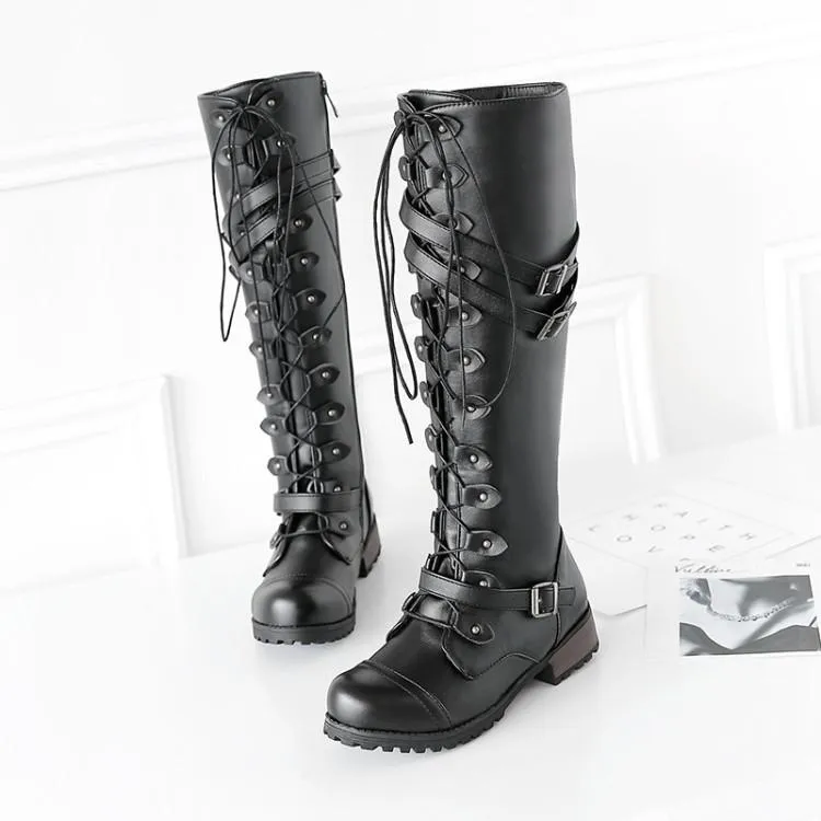 Women Combat Boots Rivet Buckle Strap Knee High Boots