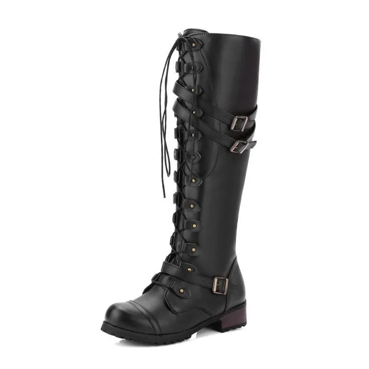 Women Combat Boots Rivet Buckle Strap Knee High Boots