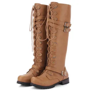 Women Combat Boots Rivet Buckle Strap Knee High Boots