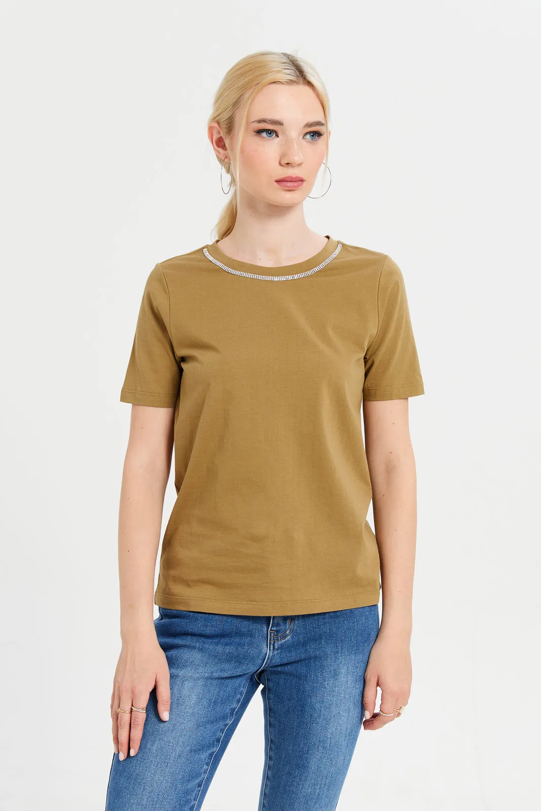 Women Embellished Beige Neck Trim Detail Top