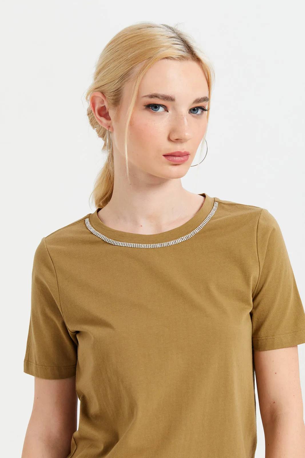 Women Embellished Beige Neck Trim Detail Top