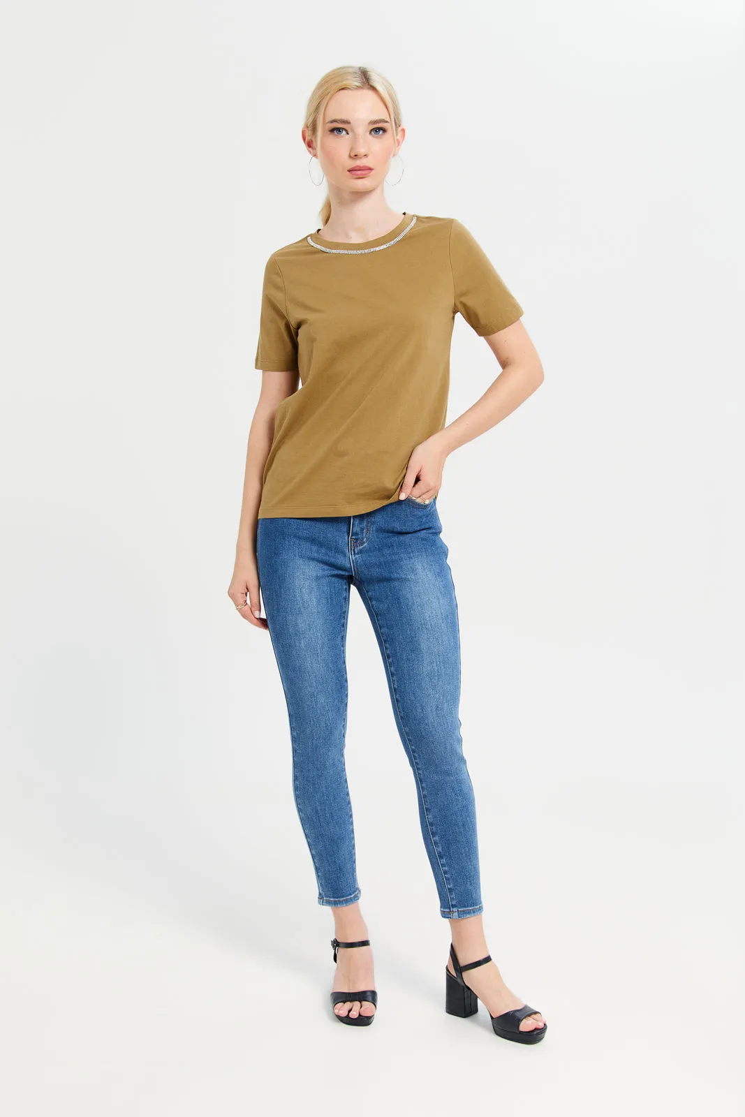 Women Embellished Beige Neck Trim Detail Top