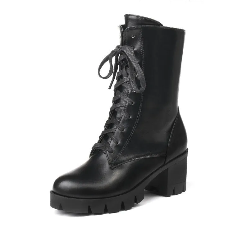 Women short platform chunky heel side zipper lace up boots