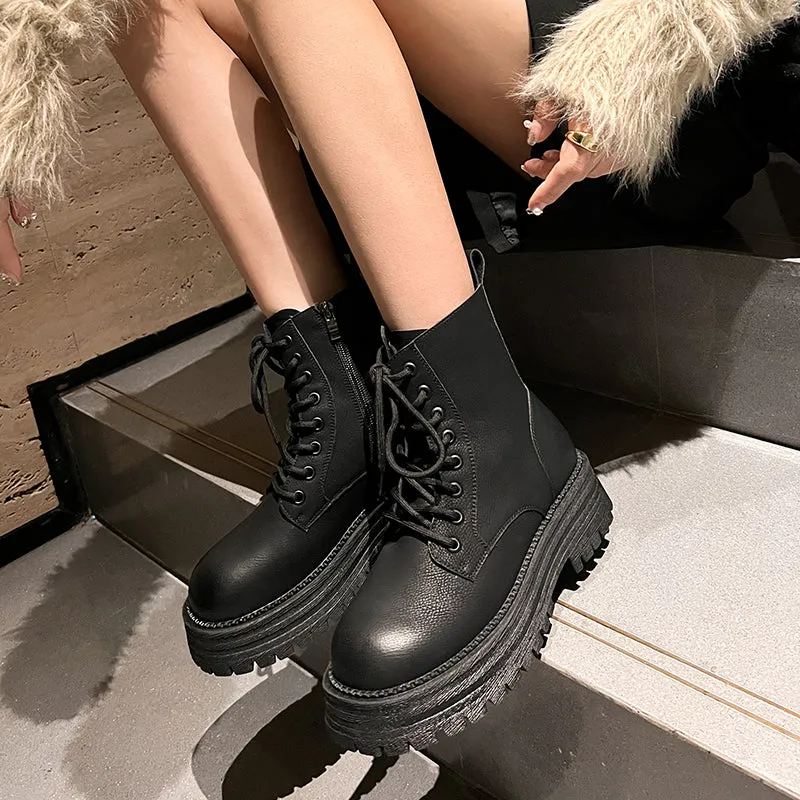 Women's Color Rubbing Design Lace-up Combat Boots With Thick Sole