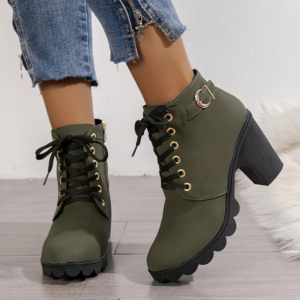 Women's High Top Zipper Side Lace Up Chunky Heel Short Boots, Faux Leather Casual Combat Boots Women's Shoes